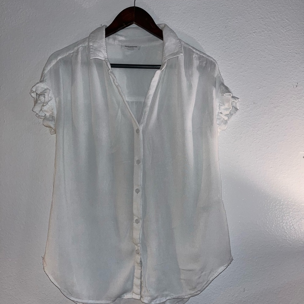 Cream Ruffle Distressed Short Sleeve Button Down Shirt